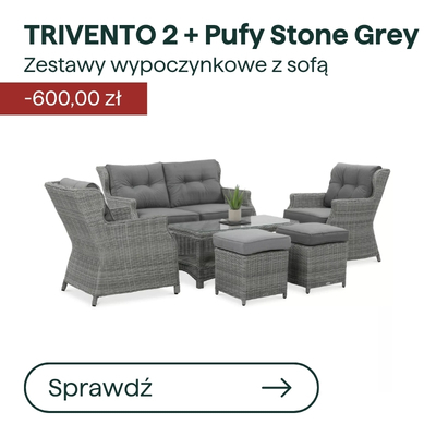 Trivento 2 Pufy Stone Grey garden lounge set – grey rattan sofa, two armchairs, ottomans and coffee table with cushions
