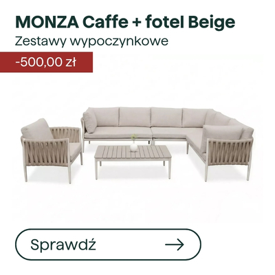 Beige MONZA Caffe outdoor lounge set with corner sectional sofa, armchair and coffee table — modern rope-frame design on sale