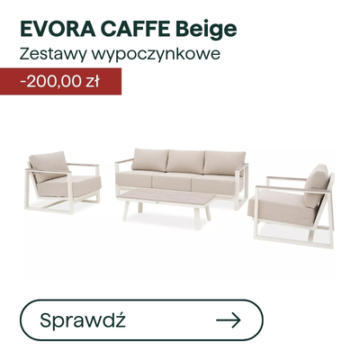 Beige EVORA CAFFE outdoor lounge set with three-seat sofa, two armchairs and matching coffee table on white frame