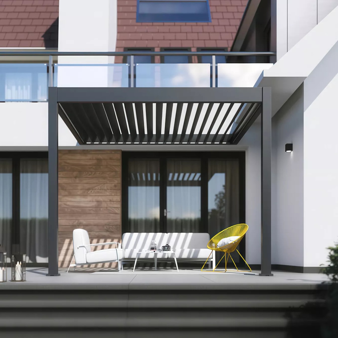 Modern house patio with slatted pergola, white sofa and armchair, yellow accent chair and glass sliding doors in contemporary exterior
