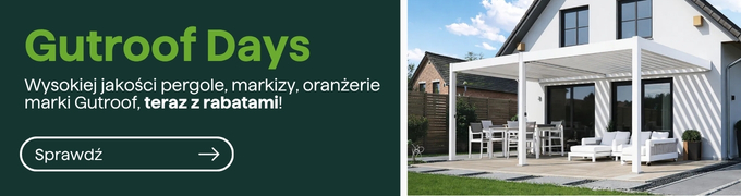 Gutroof Days banner: modern white louvered pergola over patio with outdoor seating by contemporary house — discounts available