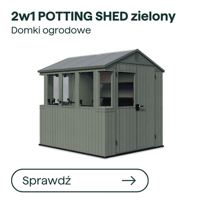Green 2-in-1 potting shed garden house with pitched roof and multiple windows, ideal for tools and a potting bench
