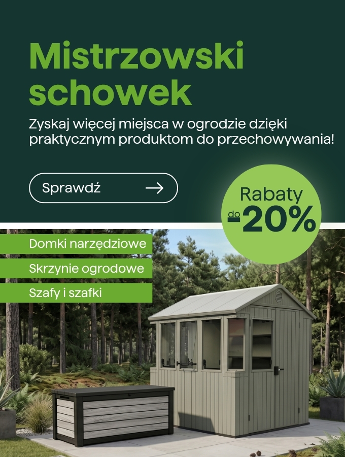 Promotional banner showing a green garden shed and storage chest on a patio amid pine trees, offering garden storage solutions and up to 20% off