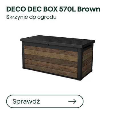 DECO DEC BOX 570L brown garden storage box with wood-effect panels and black frame, 570 litres capacity