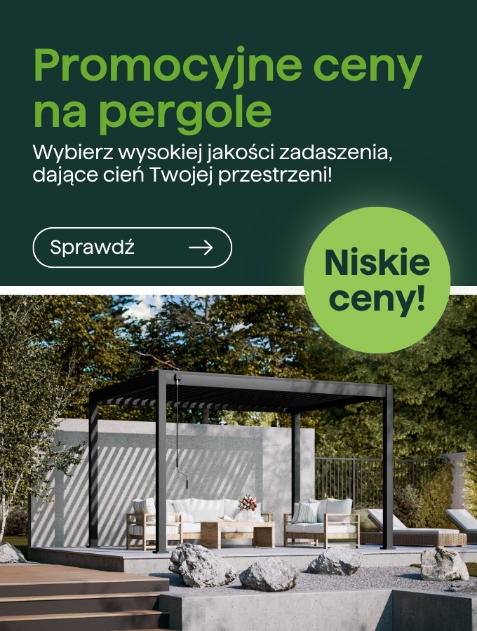 Promotional banner showing a modern dark aluminium pergola over a patio with lounge seating, cushions, decorative rocks and trees