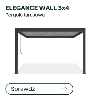 Elegance Wall 3x4 dark grey aluminium louvred pergola with two posts, modern roof slats for shaded terrace
