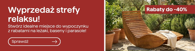 Wooden curved sun lounger with towel on a sunny patio surrounded by potted plants, promotional banner up to 40% off