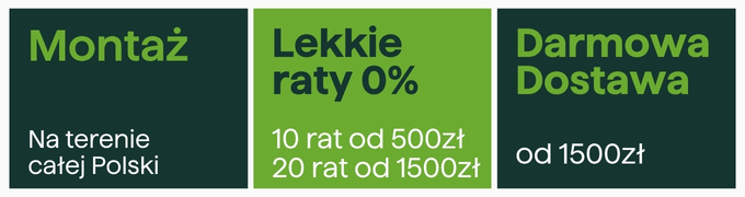Banner: installation across Poland; 0% instalments (10× from 500 zł, 20× from 1500 zł); free delivery over 1500 zł