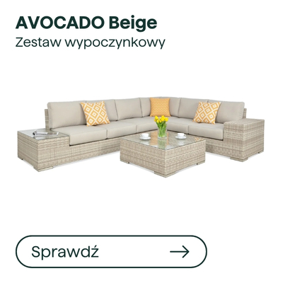 Beige Avocado outdoor rattan corner lounge set with glass-top coffee table and yellow patterned cushions