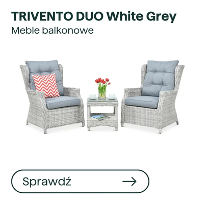TRIVENTO DUO White Grey balcony set: two grey wicker armchairs with cushions and a matching side table with red tulips