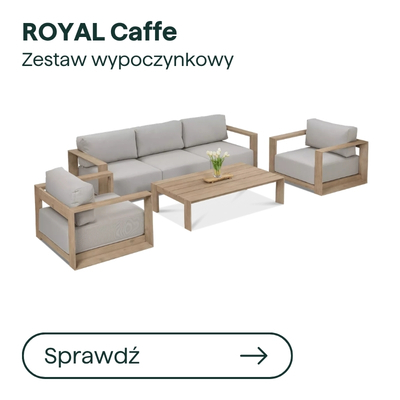 ROYAL Caffe outdoor lounge set – light oak framed 3-seat sofa, two armchairs and rectangular coffee table with grey cushions