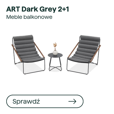 Two ART Dark Grey cushioned balcony chairs with black metal frames and wooden armrests, plus a small round side table with a decorative vase