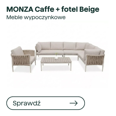 Beige MONZA Caffe outdoor lounge set — modular corner sofa, matching armchair and coffee table with woven rope frame