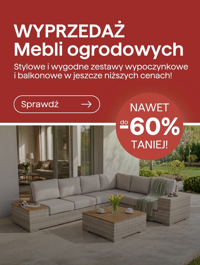 Outdoor rattan corner sofa set with cushions and coffee table on patio, red sale banner reading "up to 60% off" for garden furniture