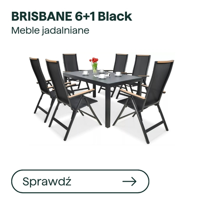 Brisbane 6+1 black dining set – rectangular table with six black high-back folding chairs featuring wooden accents and place settings