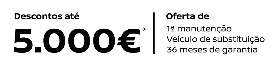 Descontos até 5.000€ e oferta de vantagens Nissan Intelligent Choice, como oferta de primeira manutenção, veículo de substituição e 36 meses de garantia.
