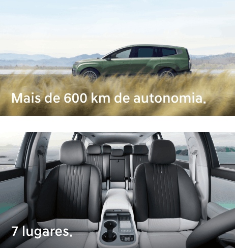Hyundai IONIQ 9 verde em estrada aberta, com texto a indicar mais de 600 km de autonomia. | Interior do Hyundai IONIQ 9 com três filas de bancos em pele e indicação de 7 lugares.