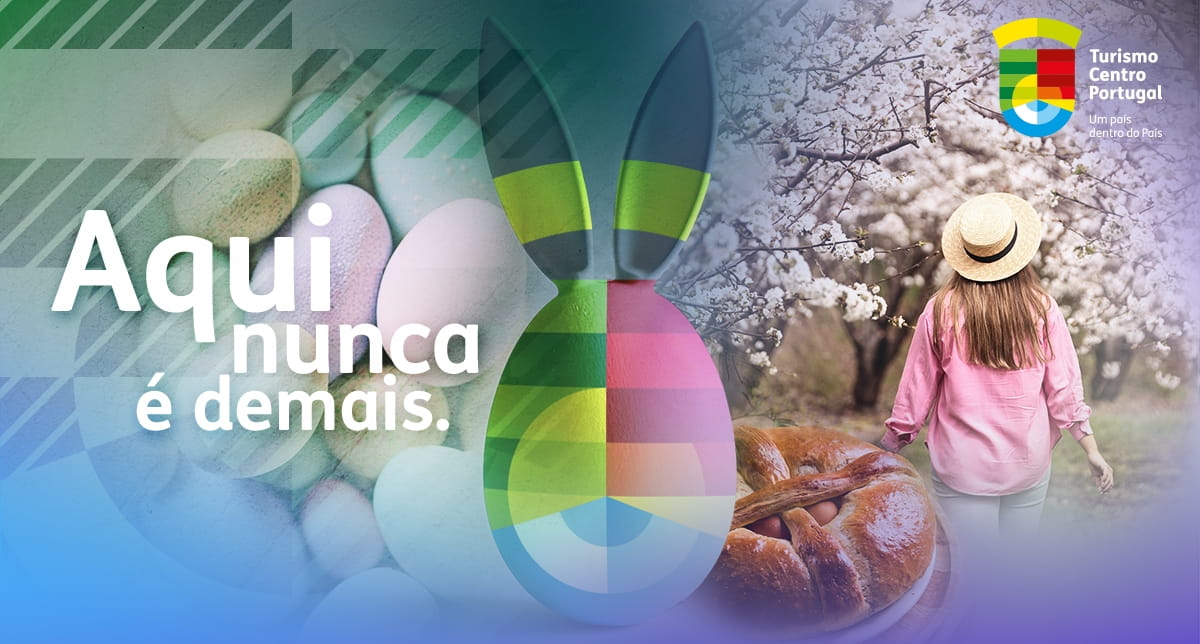 Paisagem primaveril no Centro de Portugal com flores em tons rosados e a tagline 'Aqui nunca é demais'