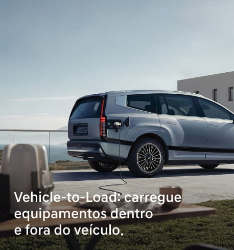Hyundai IONIQ 9 prateado ligado a equipamento externo com cabo, com texto sobre tecnologia Vehicle-to-Load.