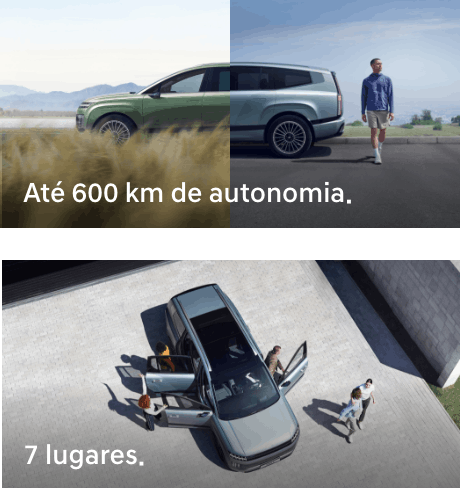 Hyundai IONIQ 9 verde em estrada com paisagem natural e homem a caminhar ao lado. | Hyundai IONIQ 9 visto de cima com portas abertas e várias pessoas à volta do carro.