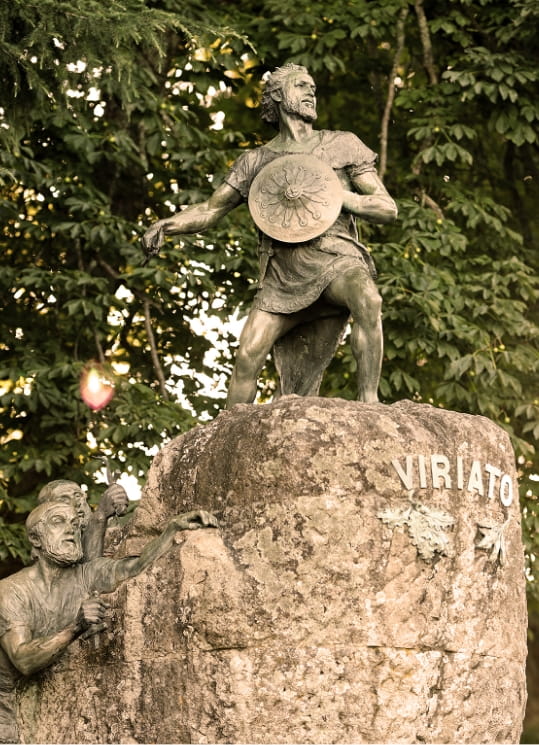Estátua de Viriato em Viseu, rodeada por vegetação.