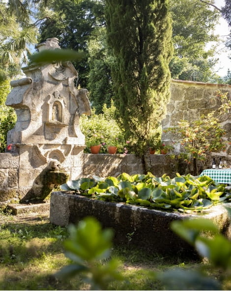 Jardim histórico em Viseu com elementos em pedra e vegetação.