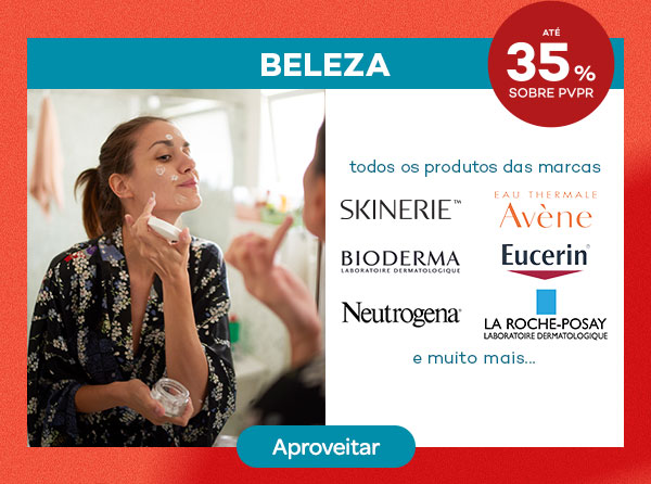 Beleza até menos 35% em todos os produtos das marcas skinerie, Avène, Bioderma, Eucerin, Neutrogena, La Roche-Posay e muito mais...