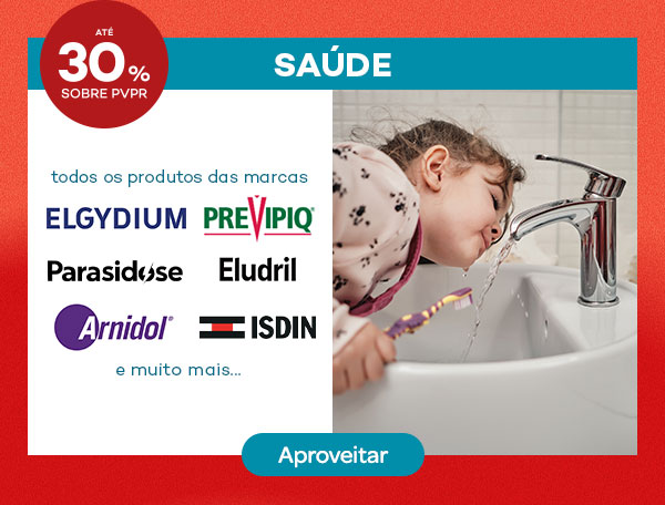 Saúde até menos 30% em todos os produtos das marcas elgydium, previpiq, parasidose, eludril, arnidol, isdin e muito mais...