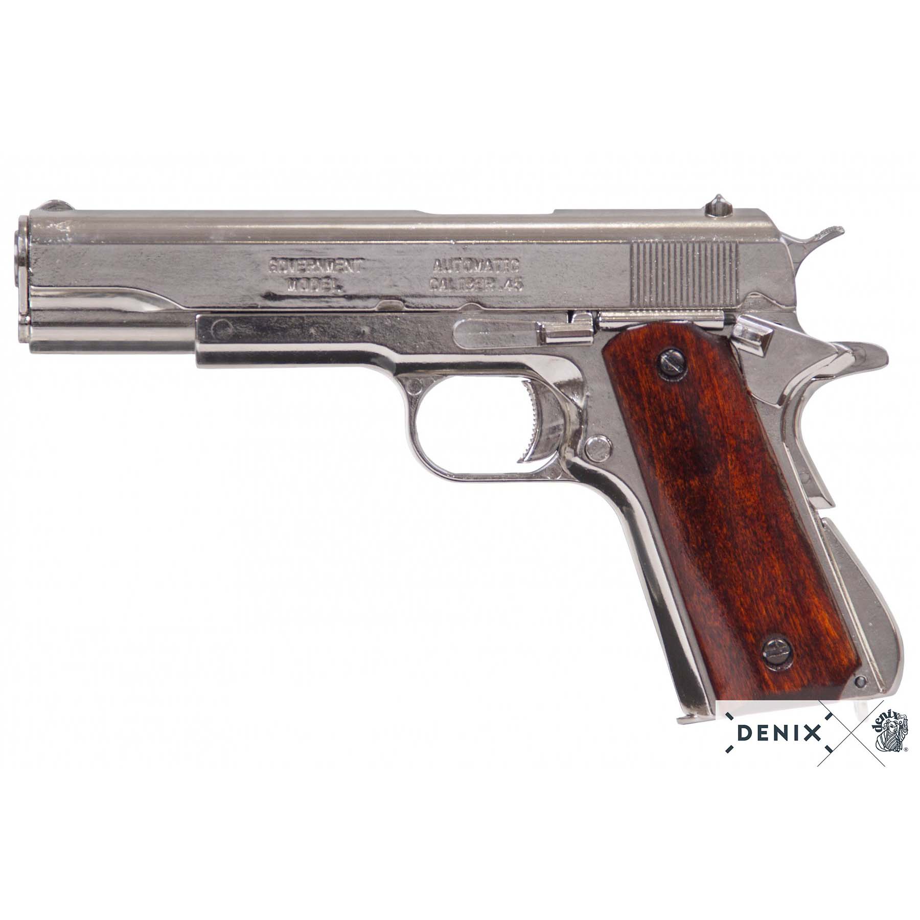 Image of Denix Automatic .45 Pistol M1911A1, USA 1911 (WWI & II), Silver & Wood Grips