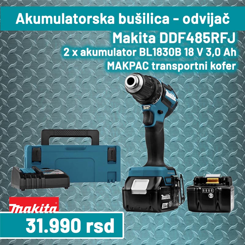 Akumulatorska bušilica - odvijač Makita DDF485RFJ; 18V; 2x3,0 Ah