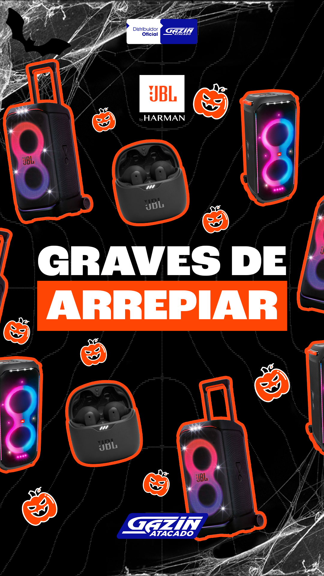 No Gazin Atacado, você encontra o fone JBL Tune Flex e as caixas Partybox Stage 320 e Partybox 710, perfeitas para transformar qualquer festa de Halloween em uma experiência assustadoramente boa! 💥 Garanta o seu estoque e ofereça graves de arrepiar para os seus clientes! 🎃👻