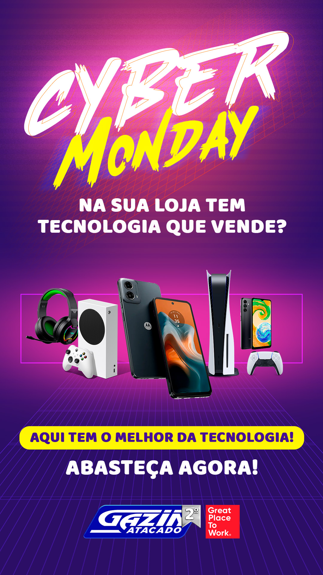 Aproveite a Cyber Monday do Gazin Atacado para elevar o nível do seu negócio! A procura por produtos de tecnologia de qualidade está cada vez maior. Agora é a hora de sair na frente da concorrência e abastecer sua loja pagando menos! Cyber Monday é no Gazin Atacado!