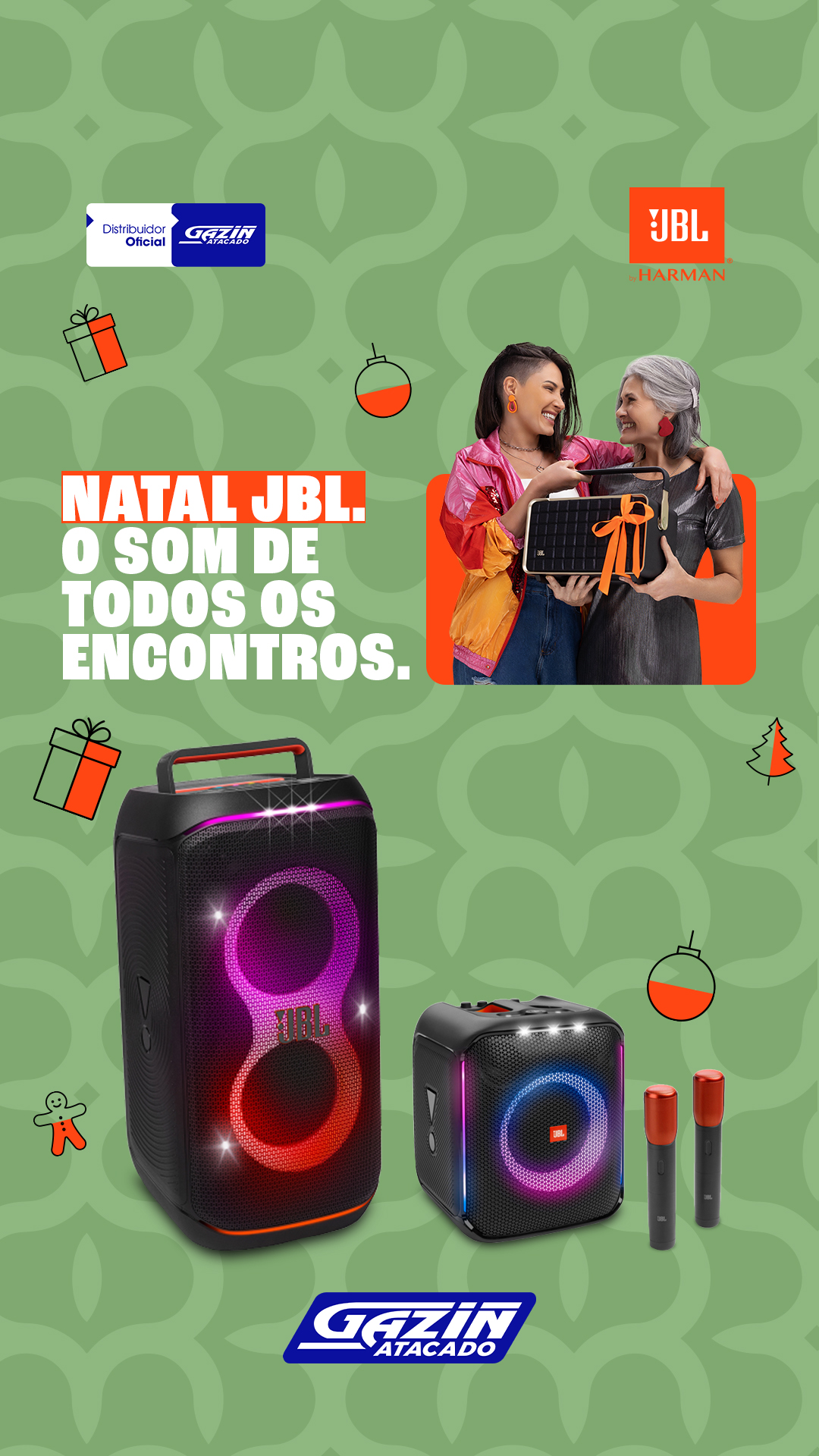 No Natal, a música transforma momentos em memórias inesquecíveis. ✨ Deixe o som perfeito da JBL embalar as celebrações dos seus clientes! 🎄