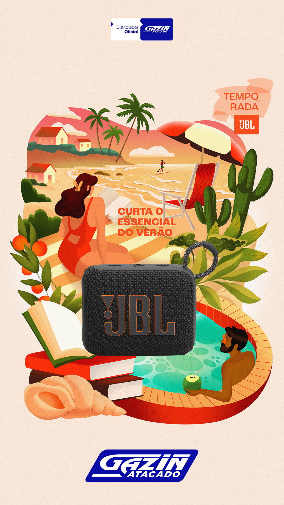 ☀️ O som do verão está na Gazin Atacado☀️ JBL é a escolha certa para seu estoque nesta temporada. Garanta o melhor som para seus clientes, e venda mais na estação mais quente do ano!