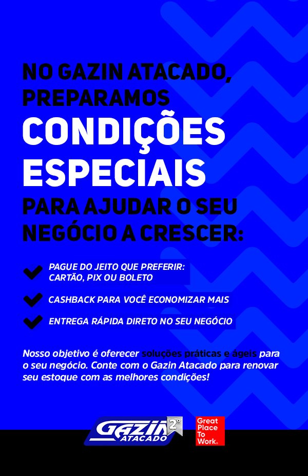 Se você é MEI, aproveite as vantagens que o Gazin Atacado preparou para você! 💼💰 Com condições de pagamento facilitadas, cashback e entrega ágil, o Gazin Atacado tem tudo para ajudar o seu negócio a crescer. Conte com a gente para renovar o seu estoque! 