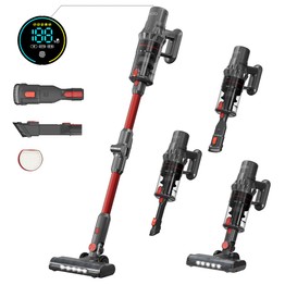 JIGOO C500 Cordless Vacuum Cleaner 33KPa Suction 500W Motor Smart Dust Sensor 1.2L Dust Cup 5-Stage Filtration Up to 60 Mins Runtime 8x2200mAh Removable Batteries LED Touch Screen Rotatable Metal Tube - Red