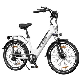 ESKUTE C100 Electric Bike 250W Motor 36V 10.4Ah Battery 26*1.75' Tires 25km/h Max Speed 50-60km Range Mechanical Disc Brakes SHIMANO 7 Speed - White