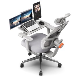 NEWTRAL MAGICH003 Ergonomischer Bürostuhl mit abnehmbarer Arbeitsplatte, automatisch mitlaufende Rückenlehne, adaptive Unterstützung des unteren Rückens, verstellbarer Sitz mit Kopfstütze, Grau