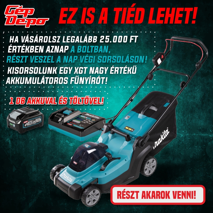 Gép Depo promóció: Makita akkumulátoros fűnyíró 1 akkumulátorral és töltővel – vásárolj 25 000 Ft felett és nyerhetsz