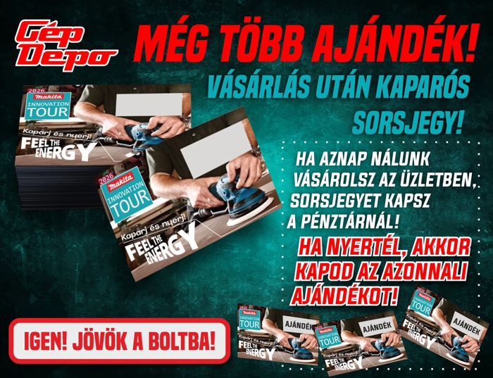 Gép Depo promóciós plakát: „Még több ajándék!” vásárlás után kaparós sorsjegy, nyeréskor azonnali ajándék