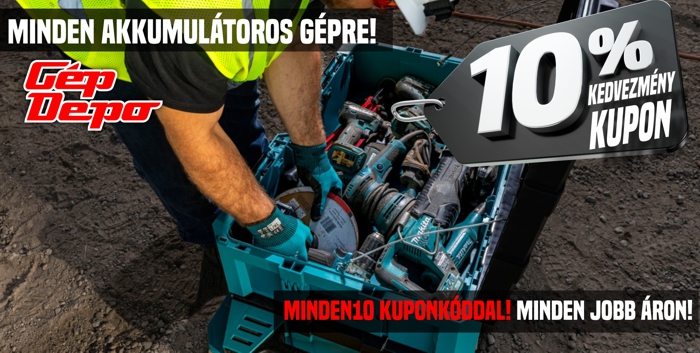 Személy pakolja a Makita-stílusú akkumulátoros gépeket szerszámosládába, jobb felső sarokban 10% kedvezmény kupon, Gép Depo reklám