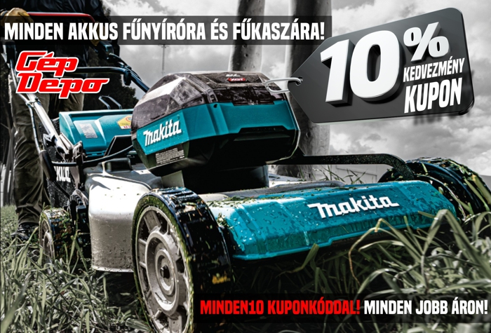 Makita akkumulátoros fűnyíró közelről, Gép Depo logó és 10% kedvezmény kupon felirat — akkus fűnyíróra és fűkaszára érvényes ajánlat