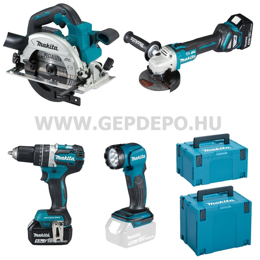 Makita DLX4154TJ akkus szett 18V LXT DHP484 DGA513 DHS661 DML815 2xBL1850B DC18RC 2 MakPac koffer