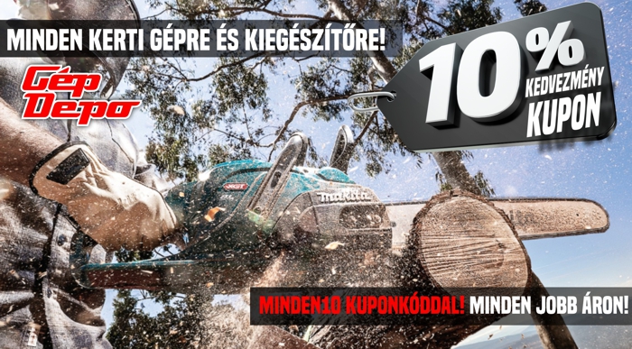 Ember láncfűrésszel vág fát, GépDepo 10% kupon akció kerti gépekre és kiegészítőkre