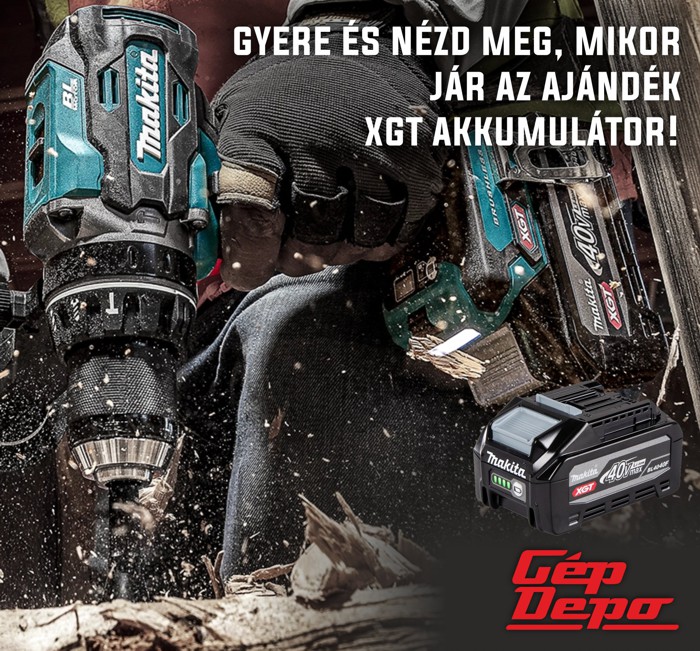 Kesztyűs kéz Makita XGT fúróval fát fúr, előtérben XGT 40V akkumulátor és GépDepo logó, promóciós reklámkép
