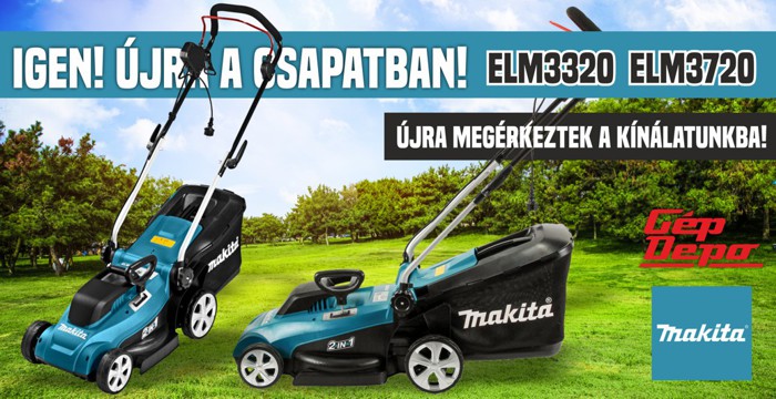 Két Makita elektromos fűnyíró (ELM3320, ELM3720) zöld gyepen promóciós bannerrel és GépDepo logóval