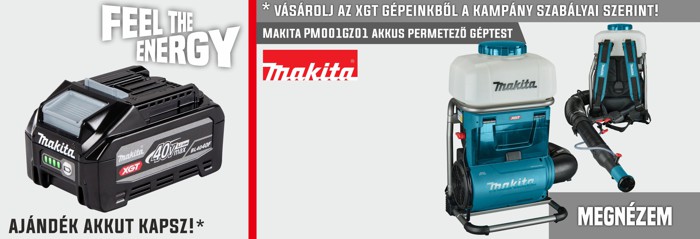 Makita XGT akkumulátor és hátkötős permetezőgép (PM001GZ01) promóciós kép: ajándék akkumulátor felirattal és Makita logóval