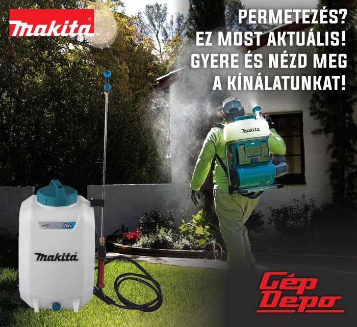 Makita hátizsákos 15 l permetező használat közben egy kertben; előtérben a készülék és Makita logó