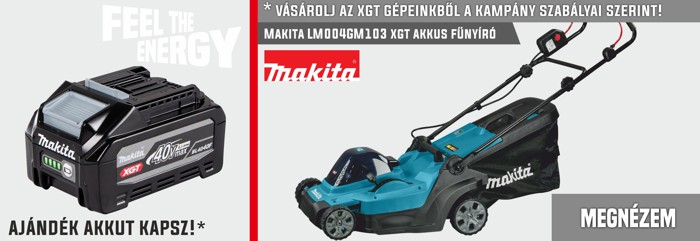 Makita XGT akkumulátoros fűnyíró (LM004GM103) kék-fekete, mellett ajándék 40V XGT akkumulátor kampányhirdetés