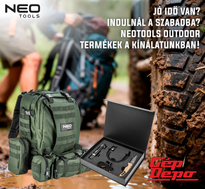 Zöld Neo Tools túrahátizsák és nyitott szerszámosdoboz késsel és lámpával egy sáros terepjárógumi mellett – outdoor eszközök reklámja